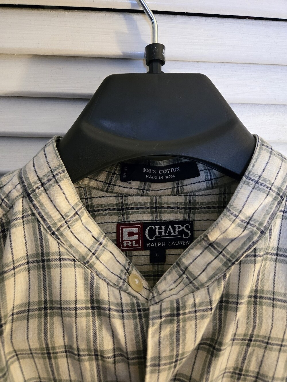 Ralph Lauren Chaps Vintage Cream and Navy Plaid Band-Collar Shirt